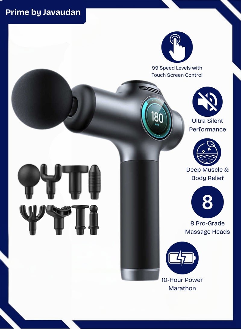 Prime by javaudan LCD Touch Screen Massage Gun 99 Gears Body Deep Tissue Percussion Handheld Back Leg Muscle Massager With 8 Massage Heads Portable Fascia Gun Neck Muscle Vibration Therapy Relaxation