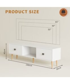 Alternative view of Boloni Mid-Century Modern TV Stand for TVs up to 65 Inch, 140x30x43cm Entertainment Center with 2 Storage Drawers  & Cable Management, Small TV Unit Console Table Cabinet for Living Room, White