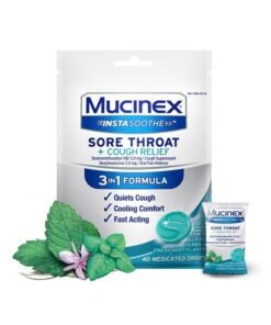 MUCINEX Instasoothe Sore Throat Relief + Cough Relief, Sore Throat Lozenges, Cough Drops with Dextromethorphan HBr & Hexylresorcinol, Alpine Herbs & Fresh Mint Flavor Medicated Throat Drops, 40ct
