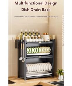 XiuWoo 3-Tier Kitchen Dish Rack, Metal Countertop Storage Cabinet, Microwave Stand, Bakers Rack, Dish Drying Rack, Storage Rack with Pull-out Cabinet, Clear Window, Hooks, and Chopsticks Organzier
