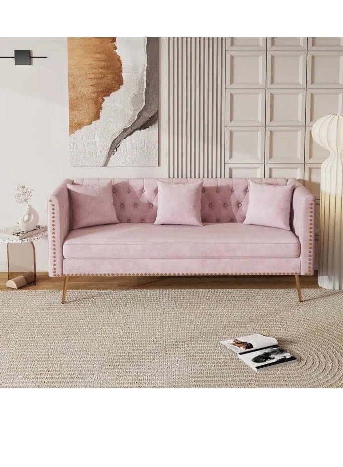 Wooden Twist Modern Sofa Elegant Velvet Seating 3 Seater Sofa Set ( Pink )
