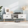 Boloni Mid-Century Modern TV Stand for TVs up to 65 Inch, 140x30x43cm Entertainment Center with 2 Storage Drawers  & Cable Management, Small TV Unit Console Table Cabinet for Living Room, White