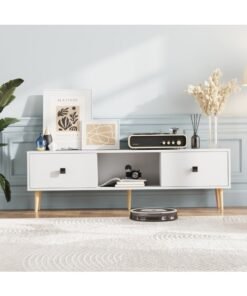 Boloni Mid-Century Modern TV Stand for TVs up to 65 Inch, 140x30x43cm Entertainment Center with 2 Storage Drawers  & Cable Management, Small TV Unit Console Table Cabinet for Living Room, White