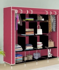 Whitecloud TRANSFORMING HOMES 12-Shelf Collapsible Wardrobe – Portable Foldable Maroon Almirah with Plastic Frame, Fancy Layer Rack for Clothes Organizer (Model 88370)