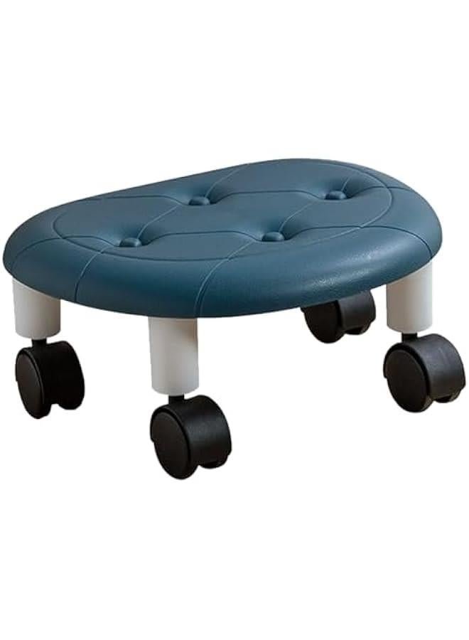 Round Low Rolling Stool, Universal Wheel Movable Mini Stool, Low Roller Seat Wheel Stool Chair Leather Little Low Small Stools Shoe Stool Swivel Stool for Home Office Sport (Blue)