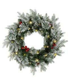 VTERLY 50cm Flocked Artificial Christmas Wreath with 50 LED Lights, Decorated with Red Berries Frosted Branches, Christmas Decorations for Door Wall Window Decor Indoor Outdoor