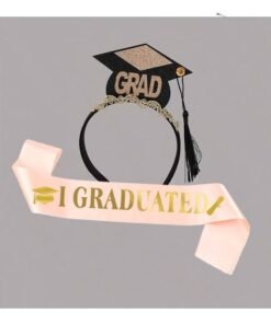 Graduation Sash 2 Piece Set Includes Graduation Cap and Sash Headpiece in Pink and Gold for Graduation Parties