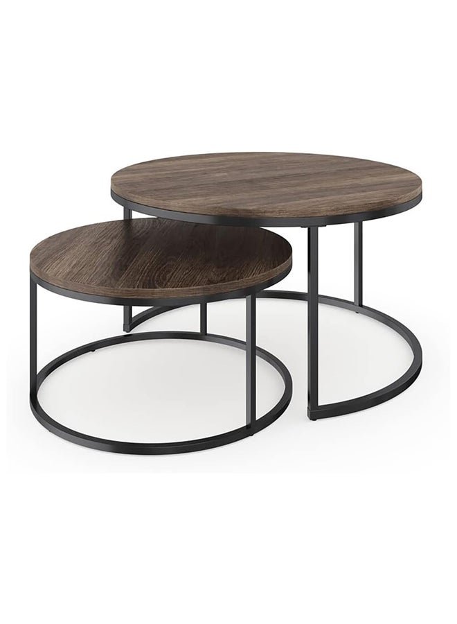 SKY-TOUCH Round Coffee Table Set of 2 Side Table,Stacking Side Tables with Solid Wood Grain Table and Metal Frame for Living Room,Sturdy and Easy Assembly,Rustic Brown and Black Walnut