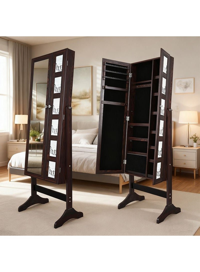 DANUBE HOME Kersten Wide Free Standing Jewelry Cabinet With Mirror | Standing Mirror With Storage | Modern Design Bedroom Furniture L53xW40xH154cm - Dark Walnut