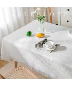 Teuuea Cotton and Linen Tablecloth with Tassel, Heat Insulation Lace Rectangle Desktop Table Cover, Home Decoration Outdoor Dining Table, 130x180 CM, White