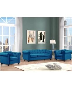 Maharat Al Bahar MAB Furnishings - 5-Seat Chesterfield Tufted Jewel-Toned Velvet Sofa with Scroll Arms, Blue