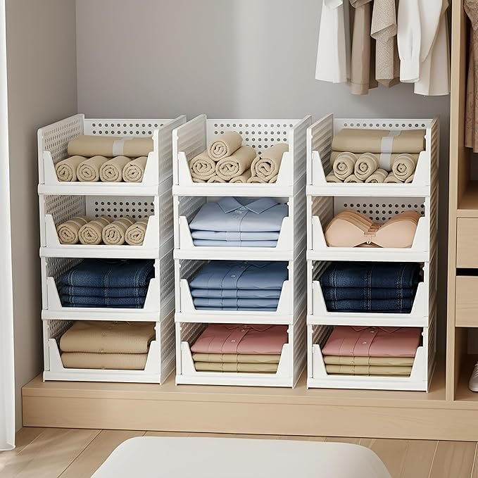 Fampoux Big Size Wardrobe Organizer for Storage/Polypropylene Foldable & Stackable Closet Basket/Cupboard Organizer for Clothes/Space Saver for Kitchen, Clothing (12 Layer) 44D x 34W x 19H CM