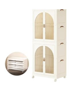 2 Layer Stackable Closet Wardrobe, Multifunctional Storage Cabinet Clothes Organizer with Door and Wheels, Foldable Plastic Storage Bins Baby Clothes Cabinet Storage Box for Home Office Kitchen and Bedroom (2 Layer, 2A)
