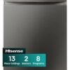 Hisense Freestanding Stainless Steel Dishwasher HS622E90G, 13 Place Settings, 2 Basktes, 8 Programs, Eco Program, Crystal Wash, Extra Dry, Half Load, Power Off Memory, Self-Clean Program, Child Lock, Start Delay 44 kg 1850 W HS622E90G Grey