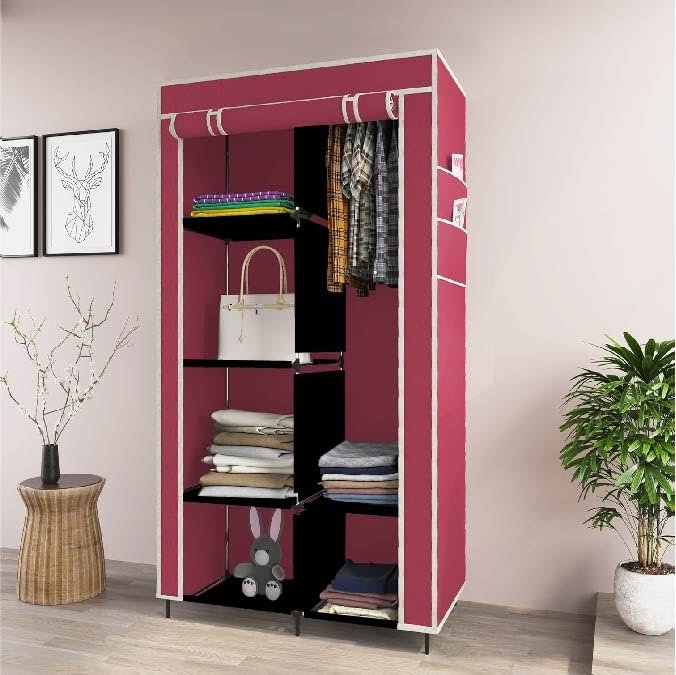 Maison & Cuisine ® 4+2 Layer Collapsible Wardrobe for Clothes with 6 Shelves, 2 Side Pocket and 1 Hanger (Non Woven Febric and Metal Rod, 84x42.5x166cm)(Maroon,7800-1)