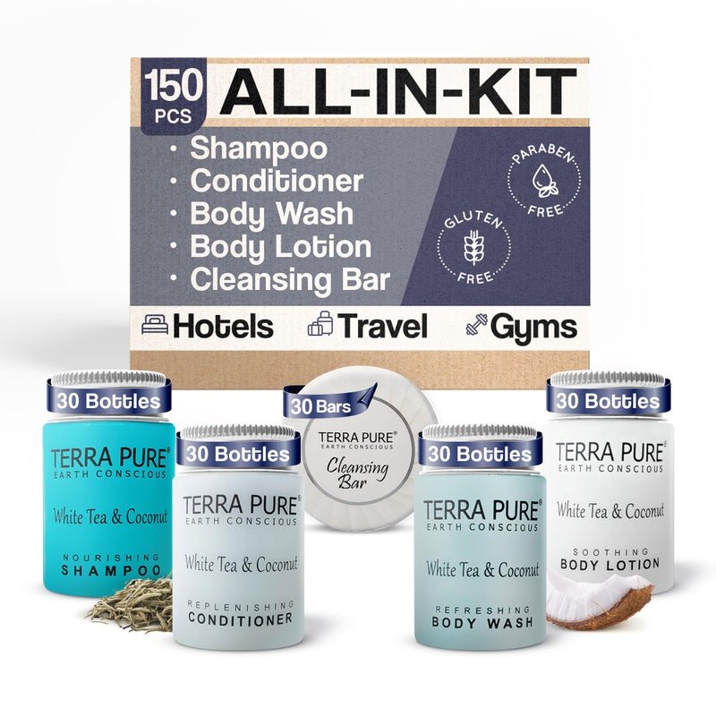 Terra Pure White Tea Coconut Toiletries Set 1Shoppe Amenities Kit 1oz Shampoo Conditioner Body Wash Lotion 125oz Bar Soap Travel Size 150 Pieces