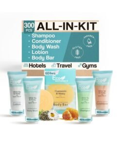 Terra Pure Eco Botanics Hotel Soaps & Toiletries Bulk Set | 0.85oz Hotel Shampoo & Conditioner, Body Wash, Body Lotion & Bar Soap Travel Size | 300 Pieces