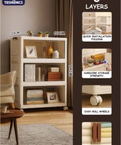 Toshionics 3 Tier Plastic Storage Cabinet - 60x30x94cm - with Transparent Brown-Tinted Acrylic Double Doors and Lockable Wheels – Multi-Layer Foldable, Stackable, Versatile Organizer for Clothes, Toys, Pantry and More- Available in Various Sizes