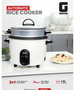 GEEPAS Automatic Rice Cooker - Steam Vent Lid & Simple One Touch Operation |Make Rice, Steam Healthy Food & Vegetables, 3 In 1 Functions, Tempered Glass LID 1.5 L 500 W GRC35011 White/Black/Clear