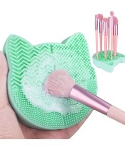 2 in 1 Design Makeup Brush Cleaning Mat, Silicone Cat Shaped Brush Cleaner Pad include Cosmetic Brush Organizer Rack, Portable Washing Tool for Makeup. (Pine Blossom Green)