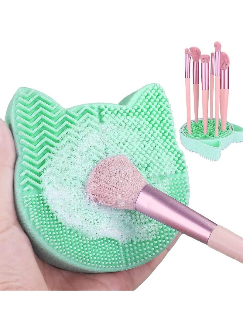 2 in 1 Design Makeup Brush Cleaning Mat, Silicone Cat Shaped Brush Cleaner Pad include Cosmetic Brush Organizer Rack, Portable Washing Tool for Makeup. (Pine Blossom Green)