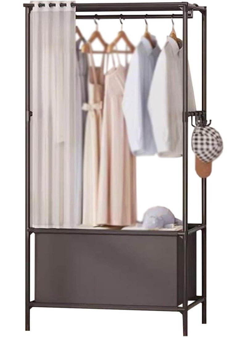BLOOMING TIME Wardrobe Rack with Curtain, Hanging Rod, Storage Bin & Side Hooks – Metal Freestanding Closet System