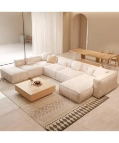Al Zakharef Furniture Emelina 6 Seater U-Shape Velvet Sofa, Modern Sectional Living Room Sofa – Beige
