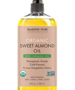 Majestic Pure Organic Almond Body Oil | 236 ML Large | 100% Pure & Natural Cold Pressed Oil Sweet Almond Oil for Skin, Face, Nails, Hair, Scalp & Massage |