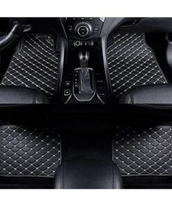 DUNISO 4 Pcs Interior Car Floor Mats，PVC Leather Automotive Floor Mats，Anti-Slip Waterproof Universal Fit Automotive Carpet Floor Pads，for Car SUV Truck，Black & Beige Line