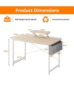SHEIDLIN Modern Home Office Computer Desk with Storage Bag & Monitor Stand, Simple Style Writing Study Desk, Laptop Table, 110 x 50 x 73cm