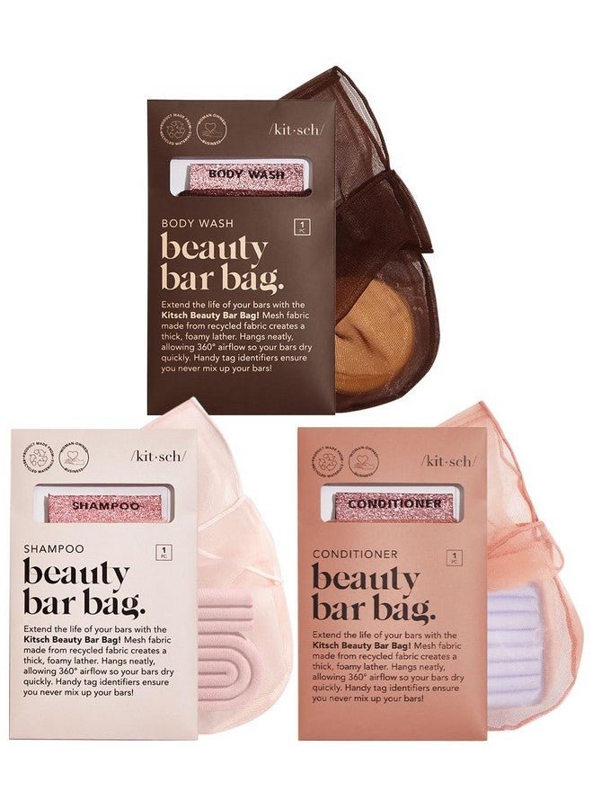 Kitsch Bar Soap Saver Bag - Recycled Mesh Beauty Bar Soap Pouch For Body Wash, Conditioner & Shampoo Bars, Eco-Friendly Patented Soap Savers Holder, 3Pc Set - Blush, Terracotta & Chocolate