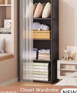 DUNISO Portable Fabric Wardrobe, Large Capacity Wardrobe Closet Organizer with 4 Storage Shelves, Clothes Storage Cabinet with Curtain, Closet Organizer with Metal Frame for Bedroom Living Room