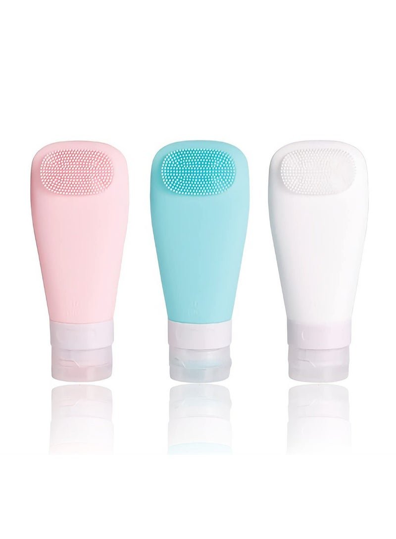 Luckam 3 Pack Travel Bottle Set, Leakproof Refillable Travel Containers Set with EVA Bag and Double Sided Facial Cleansing Brushes for Lotion Liquid Shampoos, Soap and Toiletries (BPA Free, 90 ML)