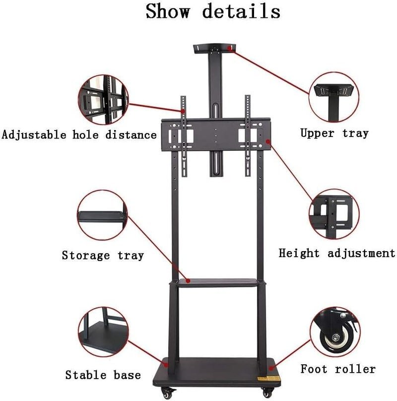 SKY-TOUCH Mobile TV Stand Cart,Rolling TV Stand,32”-70“ Floor TV Mount Stand,Height Adjustable with Lockable Casters,2 Tier AV Shelves for Large Flat Panel LED Screen,Max VESA 600 * 400mm