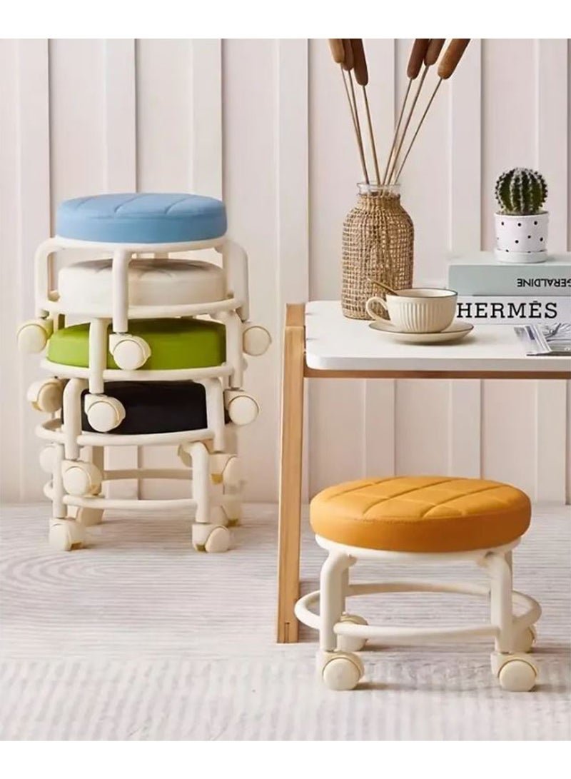 DANIM Flexible Small Bar Stool with Wheels, Faux Leather Upholstery, No Wood, Multi-Use For Home Storage In Entryway, Doorway, Bathroom, Bedroom - Dual Load Capacity, 360-Degree Swivel Casters