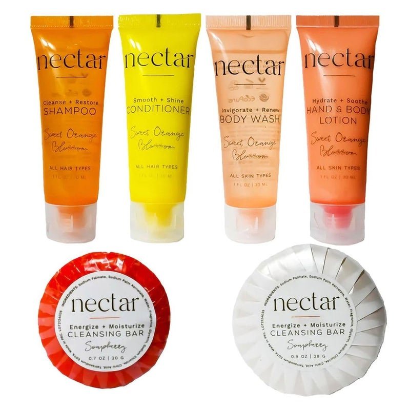 world amenities Nectar Mini Travel Size Toiletries Bathroom Kit Sweet Orange Blossom Shampoo Conditioner Body Wash Lotion Two Round Cleansing Bars Body Bar
