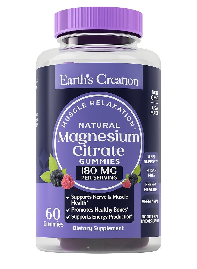 Earth's Creation Magnesium Citrate Gummies 180mg Muscle Relaxation Health Bones Energy Production Suger Free Meletian Support