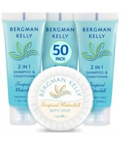 BERGMAN KELLY Round Soap Bars, 2in1 Shampoo & Conditioner 2-Piece Set (Tropical Waterfall, 1 oz each, 100 pc), Delight Your Guests with Revitalizing & Refreshing Sanitary Toiletries & Hotel Amenities