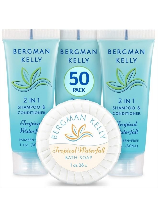 BERGMAN KELLY Round Soap Bars, 2in1 Shampoo & Conditioner 2-Piece Set (Tropical Waterfall, 1 oz each, 100 pc), Delight Your Guests with Revitalizing & Refreshing Sanitary Toiletries & Hotel Amenities