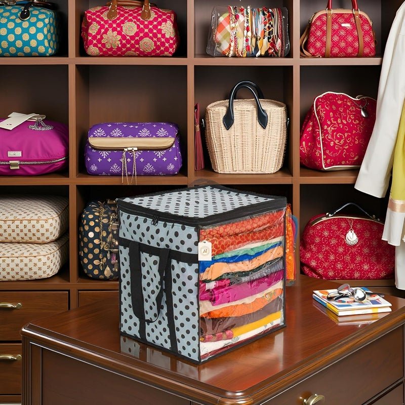 Shaping Fabric Premium Saree Storage Bag with Transparent Window and Polka Dot Design