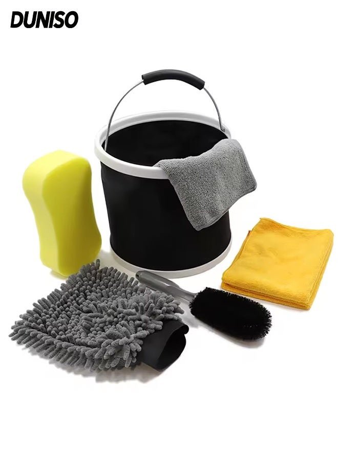 DUNISO 7-Pieces Set Car Wash Detailing Cleaning Kits,Car Wash Detailing Cleaning Tools Set with Bag Collapsible Bucket,Versatile Interior and Exterior Car Care Kit,Easy to Store,for Washing, Waxing, Polishing, and Deep Cleaning