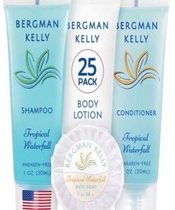 BERGMAN KELLY Hotel Toiletries Bundle (Tropical Waterfall, 1 oz each, 100 Pieces) 4-Piece Set: 25 Round Bar Soap, 25 Shampoo, 25 Conditioner & 25 Body Lotion - Bulk Mini Guest Amenities Supply