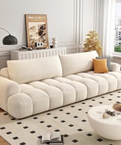 Comfynest Light Luxury Sofa Set - Classic Wool Upholstered Chaise with Throw Pillow, Off-White, Space-Saving Couch for Living Room and Bedroom, No Assembly Required (Puffy, Four Seater)