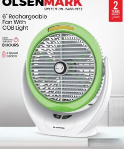 Olsenmark 6-Inch Rechargeable Mini Fan With COB Light Long Working Hours And 3 Wind Speed High Performance 2400mAh Lithium Battery OMF1874 Multicolour