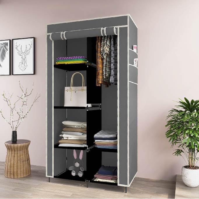 GTC ® 4+2 Layer Collapsible Wardrobe for Clothes with Side Pocket 7800-1 (Non Woven Fabric, 84x42.5x166CM, Grey)