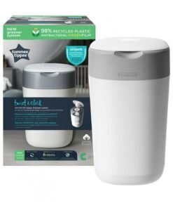 tommee tippee Twist and Click Advanced Nappy Bin, Eco-Friendlier System, Includes 1x Refill Cassette with Sustainably Sourced Antibacterial GREENFILM, White