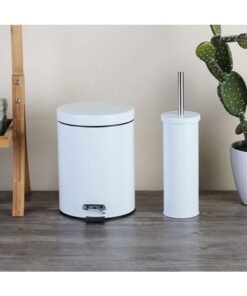 DANUBE HOME Falcon Bathroom Starter Pack 5-Piece Set – Essential Bathroom Accessories Kit Including 5L Dust Bin, Toilet Brush Holder, Lotion Dispenser, Tumbler, Mirror, Durable Stylish Design for Home & Hotel Use WHITE