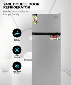 GEEPAS 240L Gross/205L Net Capacity Double Door Defrost Refrigerator| With faster Cooling, Long Lasting Freshness, Extra Space, VCM Steel Body,Tempered Glass Shelves, Handle Lock And Key, Temperature Control, LED Lighting|37L Freezer Capacity 240 L GRF2400SXE Silver