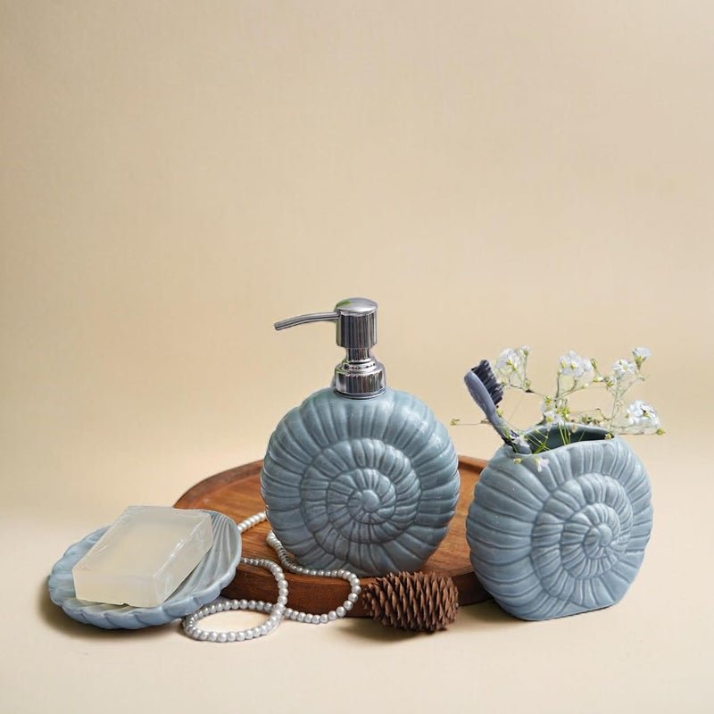 The Transit Story Premium Ceramic Bathroom Accessories Set of 3 | Shell Hand-Painted Luxury Bath Set with 300ml Liquid Soap Dispenser, Toothbrush Holder & Soap Tray | Matte Grey with Spiral Shell