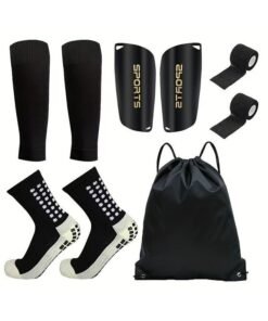 1 Pair Grip Soccer Socks, 1 Pair Soccer Sleeve Socks with 1 Pack Shin Guards and 2 Shin Straps, Football Game Set 6 Pcs